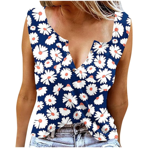 Camisetas para Mujeres Flores Plantas Impresión Suelta Cuello Redondo Top sin Mangas, Camisetas de Verano para Mujeres