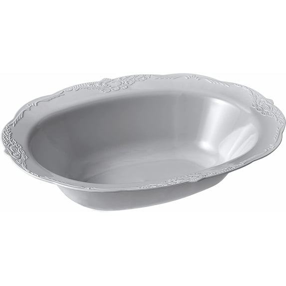 Silver Spoons Large Disposable Bowls for Parties - Plastic Serving Dish – Salad Bowl for Party – Vintage Embossed Rim – 35 oz. – 3 PC, Grey