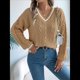 thumbnail image 5 of Suéter Informal de Larga con Cuello en V para Mujer, Jersey de Rayas Moderno de Punto , Suéteres Preppy. Caqui L, 5 of 10