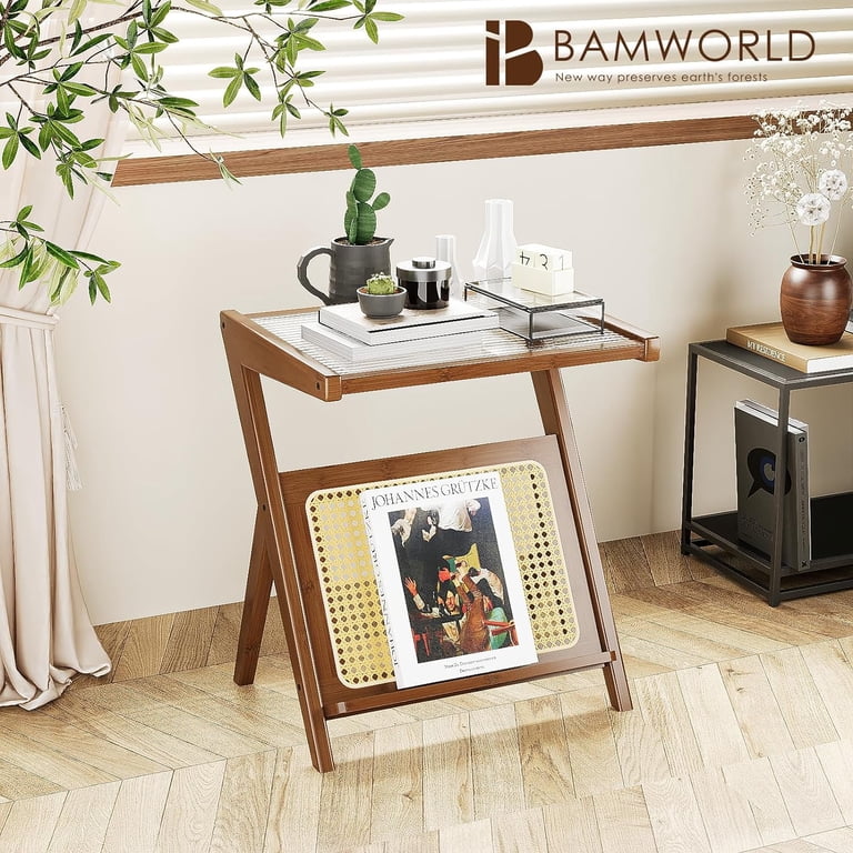 Bamworld Rattan Side Table – 2-Tier Glass Top Boho Nightstand, Great For Small Spaces