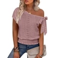 thumbnail image 3 of RRMuAzgs Crochet Knit Top for Women Ruffle Solid Color Off the Shoulder Blouses Summer Beach Vacation Clothes, 3 of 9