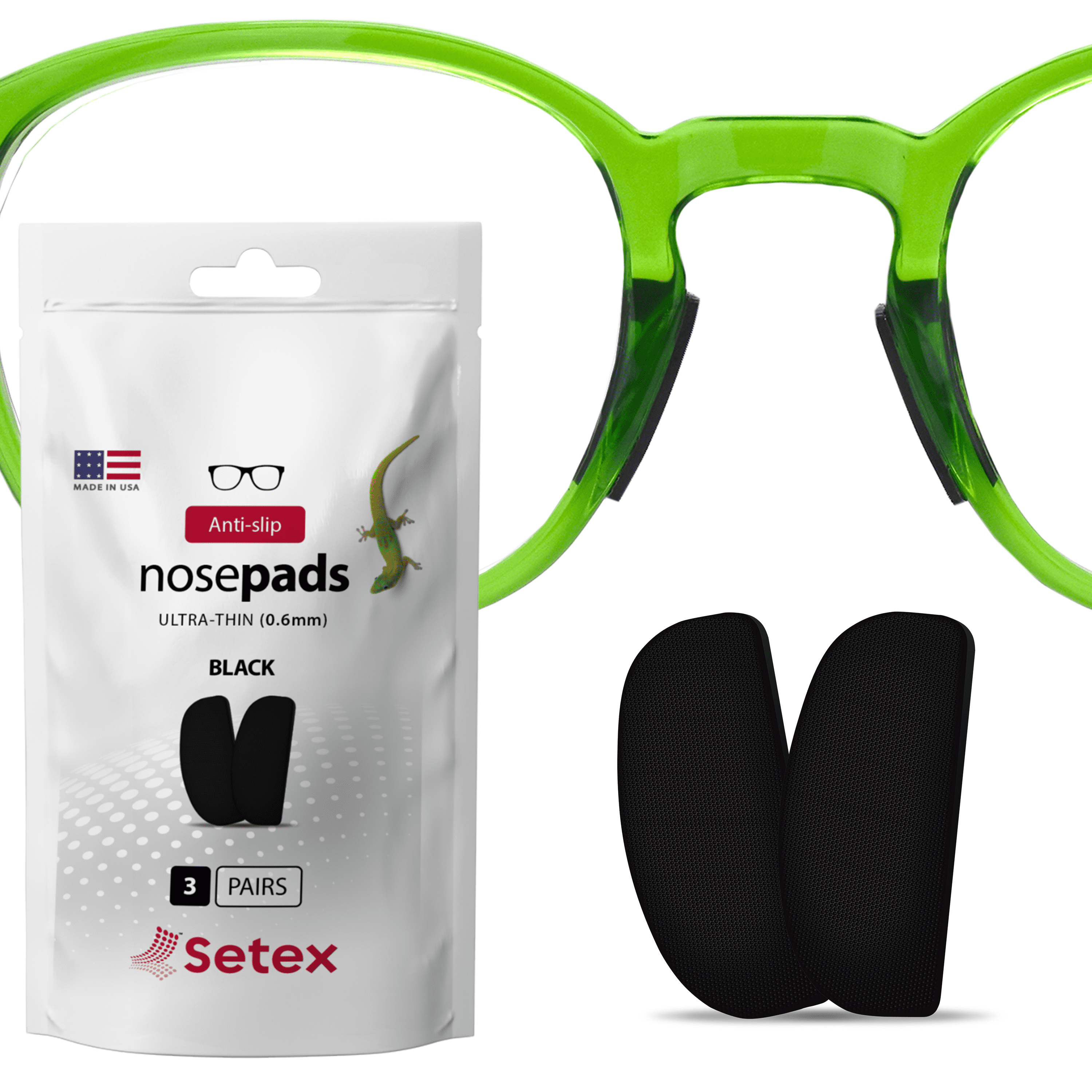 (2 pack) Setex Gecko Grip Ultra-Thin 0.6mm Anti Slip Eyeglass Nose Pads, (3 Black Pair), 2500 Innovative Microstructured Fibers per Nose Pad, 0.6mm x 7mm x 16mm