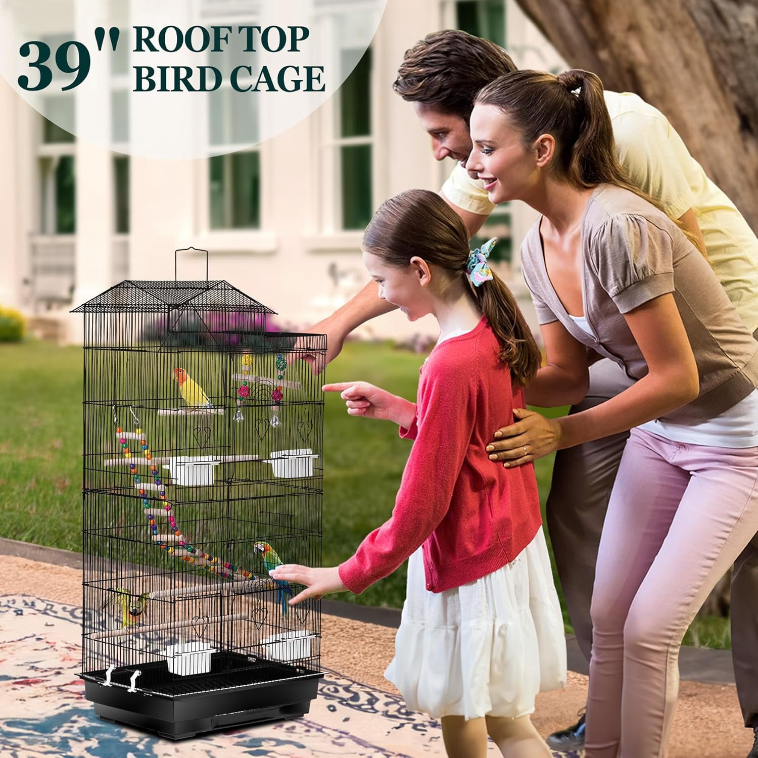 HJTER 39-inch Roof Top Large Flight Parrot Bird Cage for Small Quaker Cockatiel Canary Sun Parakeet Green Cheek Finch Budgie Lovebirds Wrought Iron Pet Bird Cage w/Toys