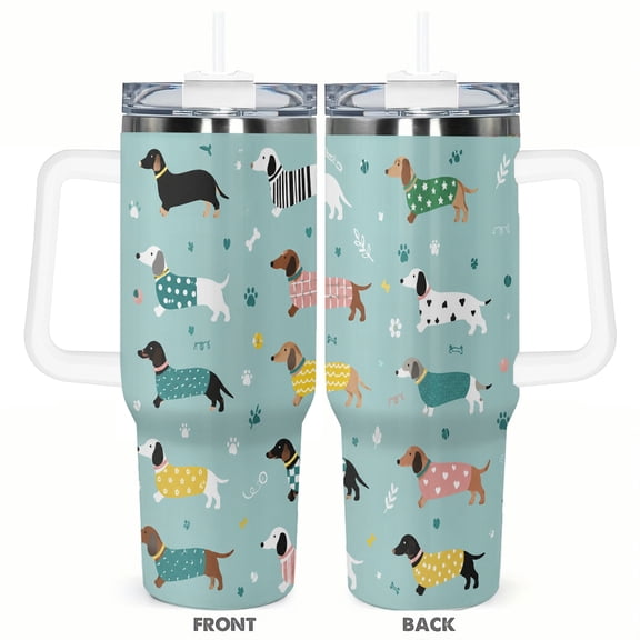 40oz Dachshund Dog Pattern Travel Tumbler Insulated Car Cup with Handle Straw Stainless Steel Large Capacity Coffee Cup Pet Lover Gift
