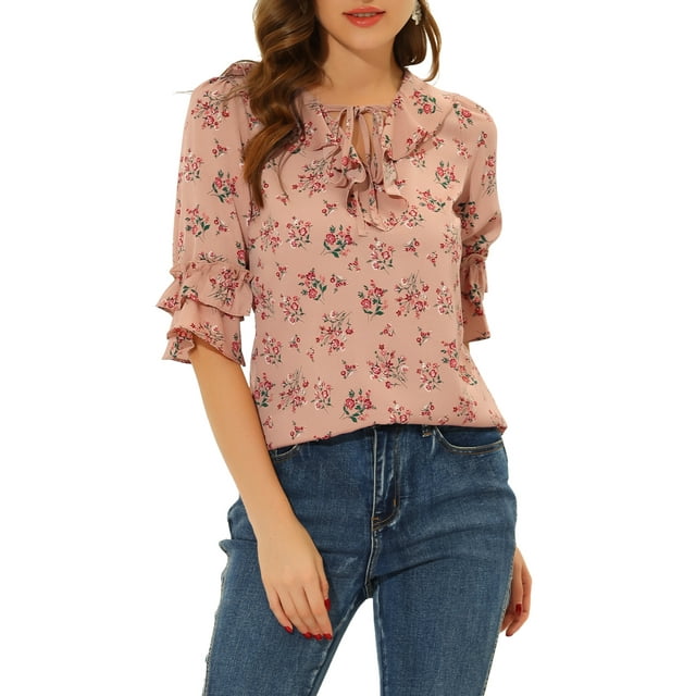 INSPIRE CHIC Women's Layered Ruffle Elbow Sleeve Ruffled Tie-Neck Floral Blouse XS Pink