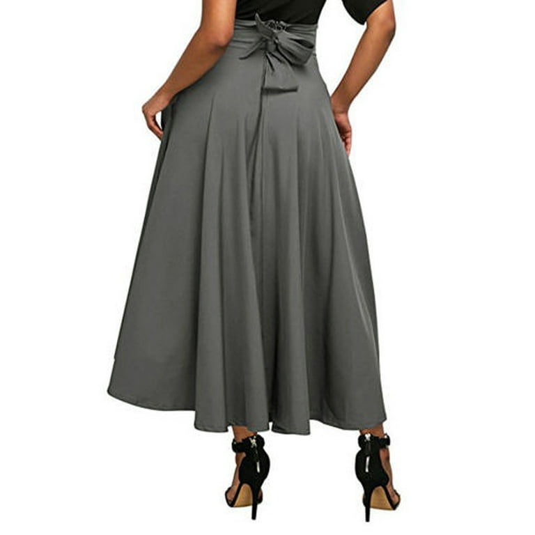 Women\'s Ankle Length High Long Pockets Skirt with Flowy A-line Waist Maxi