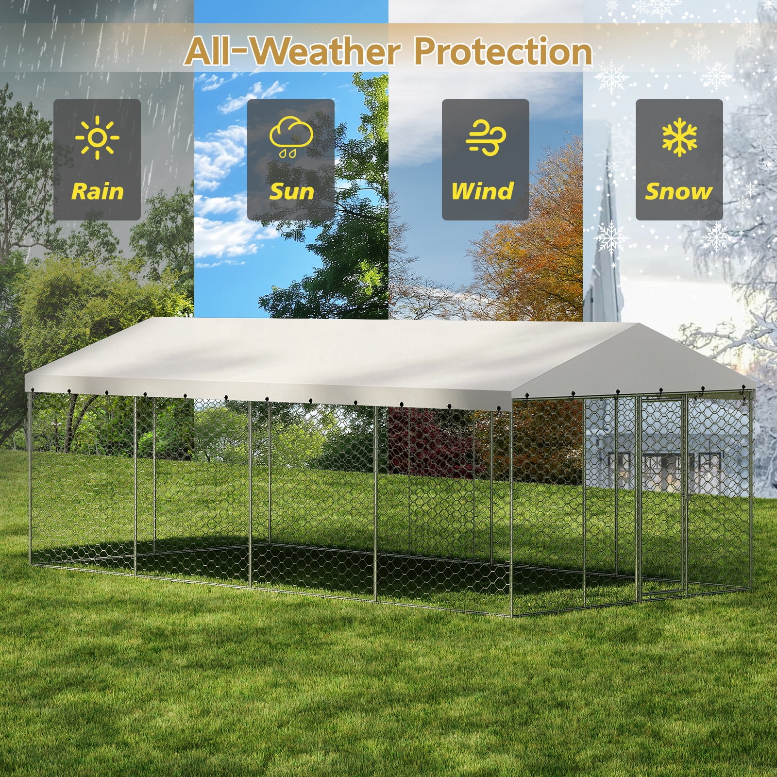 20x10 FT Large Outdoor Dog Kennel with Canopy,Heavy Duty Galvanized Steel,Waterproof Cover,Escape-Proof Lockable Playpen for Large Dogs & Multiple Pets