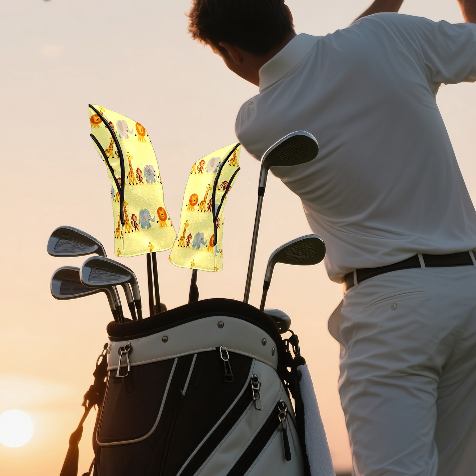 Golf Club Covers, Yellow ZooAnimalRow Premium PU Leather Driver Hybrid Putter Head Covers with Velvet Lining, Waterproof Golf Gifts for Men Women