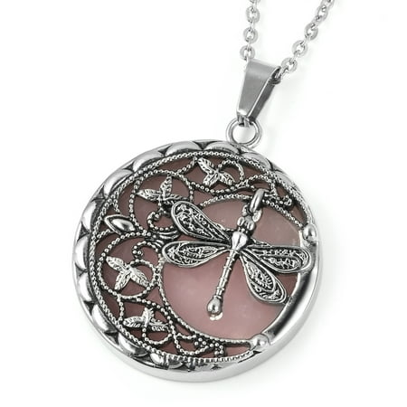 - Galilea Rose Quartz Black Oxidized Stainless Steel Dragonfly Pendant with Chain