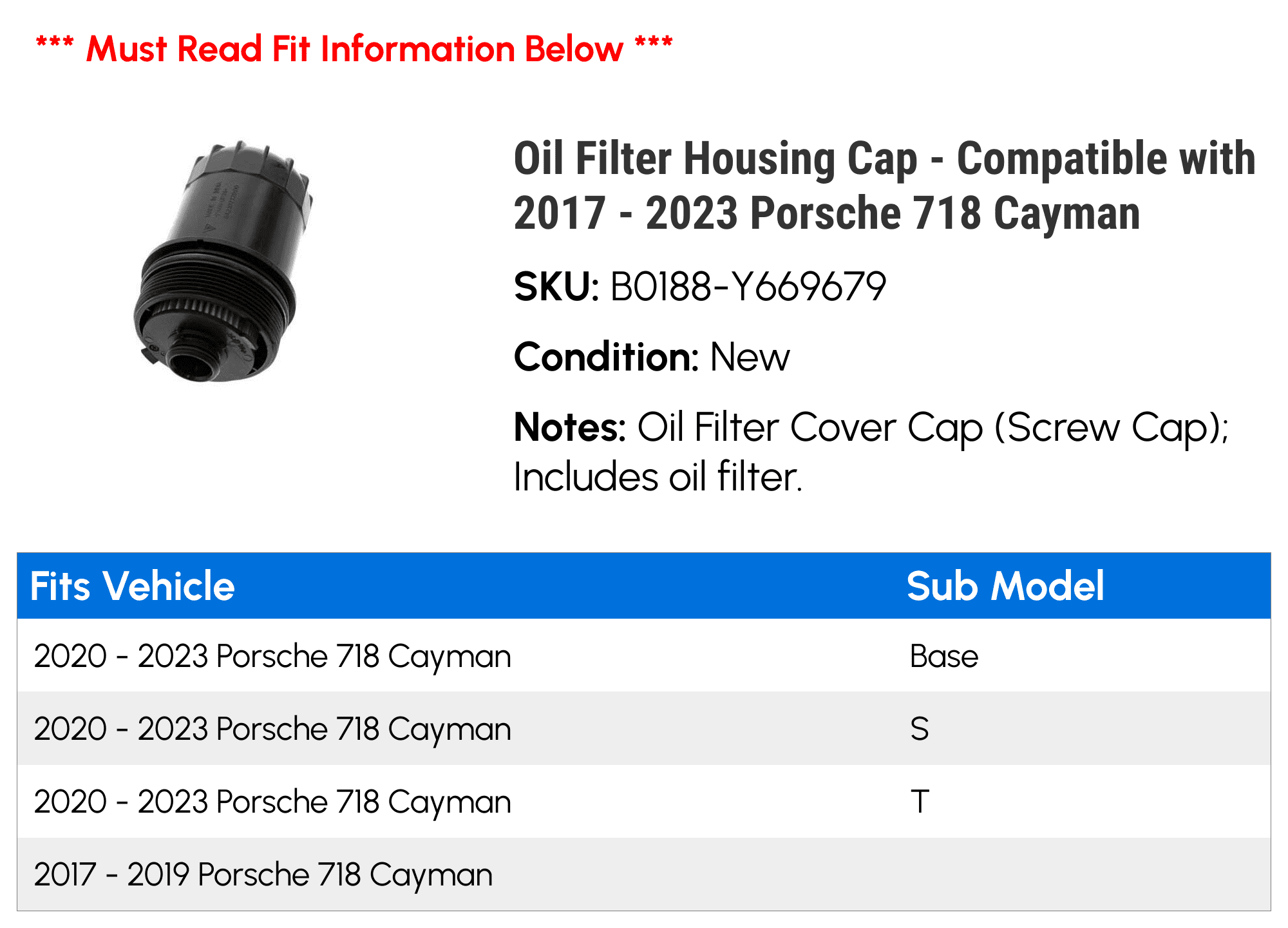 Oil Filter Housing Cap - Compatible with 2017 - 2023 Porsche 718 Cayman 2018 2019 2020 2021 2022