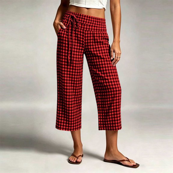 Mifsaly Loose Capri Pants for Women Plaid High Waisted Cropped Trousers Lightweight Casual Summer Beach Vacation Outfits with Pockets Red,M
