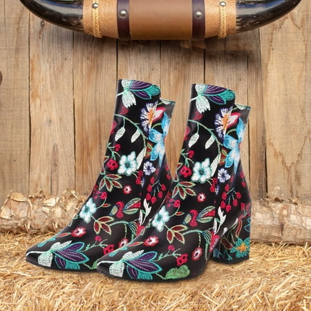 

TALKVE Ladies Autumn And Winter Fashion Elegnt Embroidered Printing Retro Thick Heel Round Toe Zipper ComfortableNot To Wear Feet In The Boots