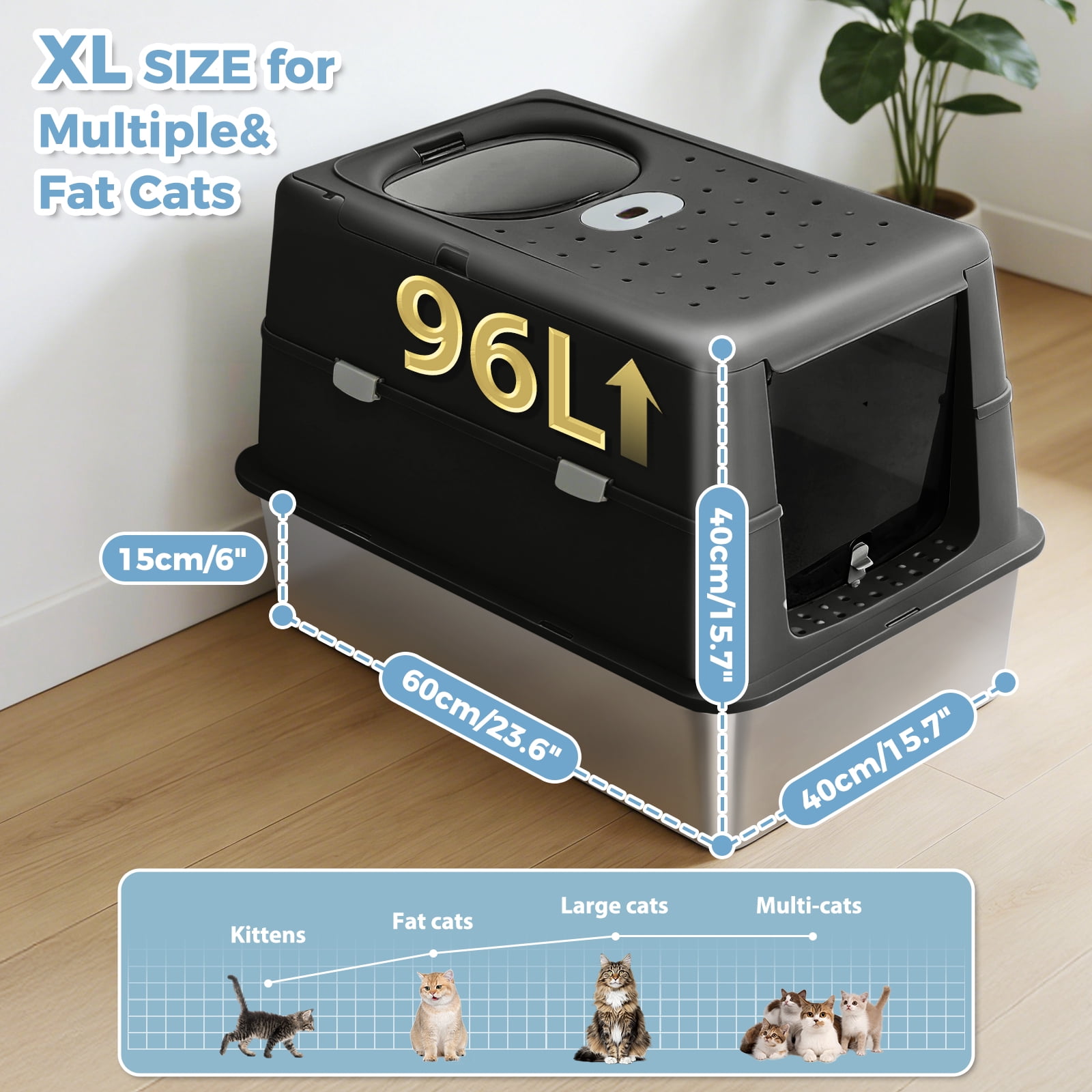 Pefilos 16" High Sides Stainless Steel Cat Litter Box, Anti-Leakage Enclosed Litter Box with Non-Sticky Metal Pan, Scoop, Front & Top Dual Entry for Big Cats, Black