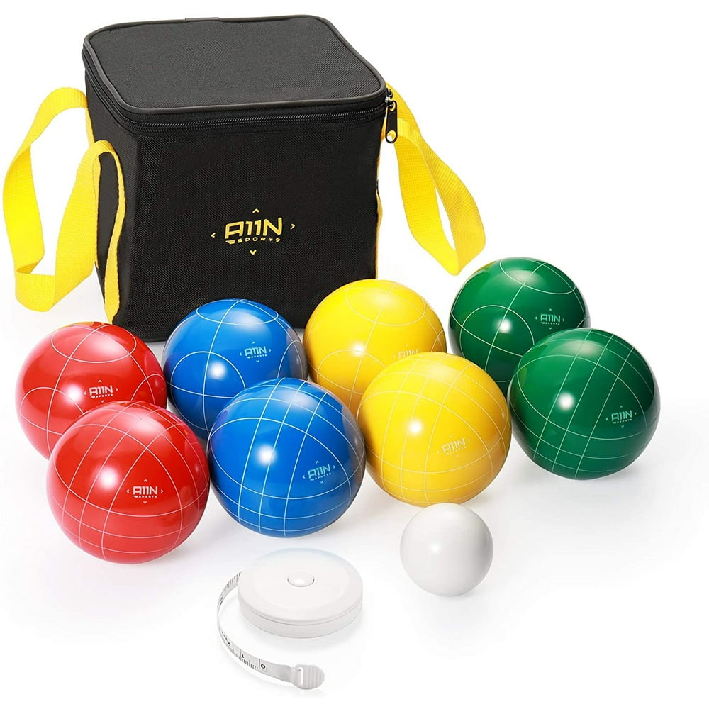 A11N 90mm/107mm Bocce Ball Set with 8 Resin Balls, Pallino, Carrying