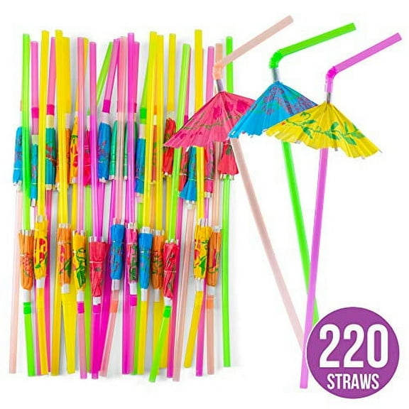 Umbrella Drinking Straws - Bulk Pack of 220 Assorted Color Bendable Party Straws with Parasol Detail for Party Drinkware and Decoration-220 pack