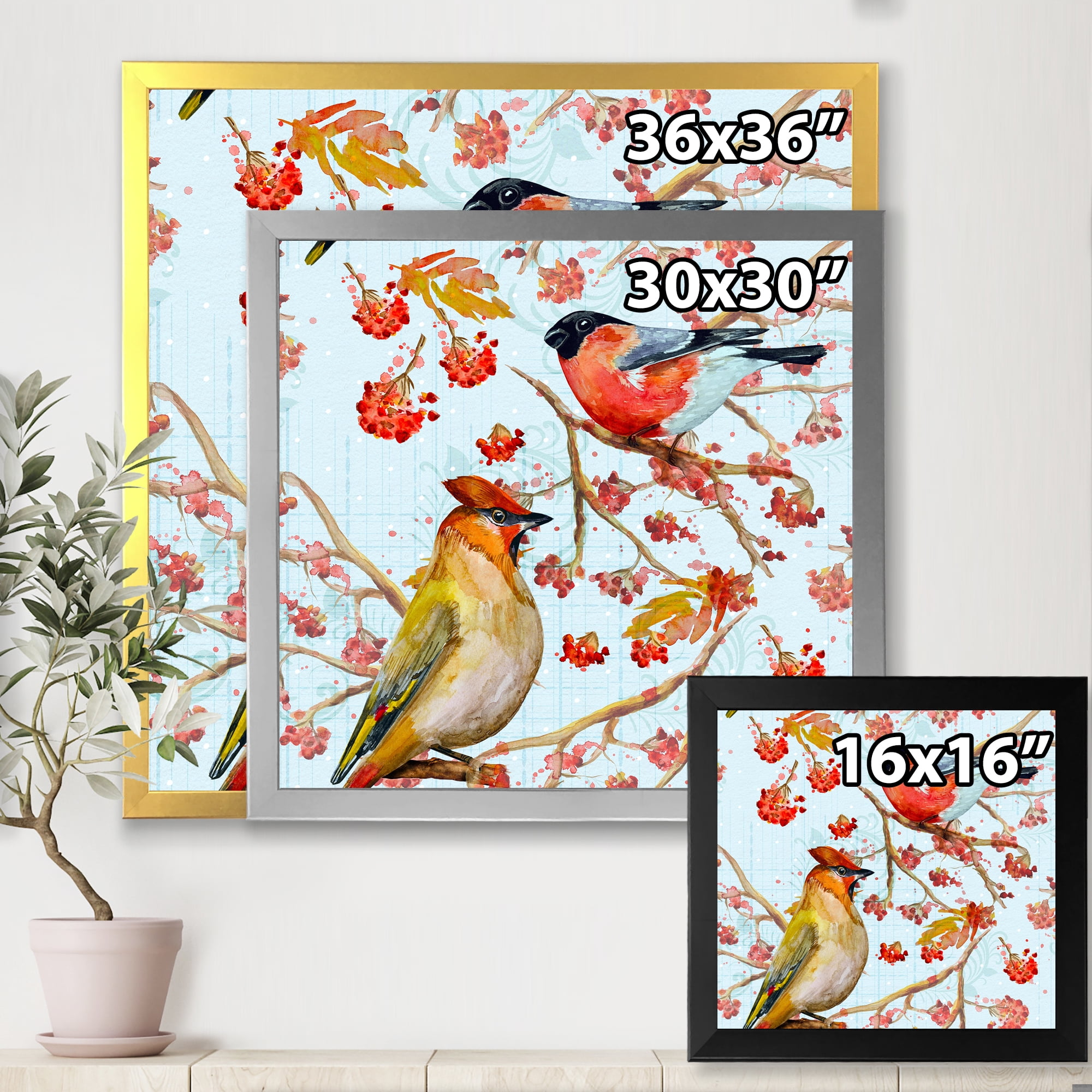 Two Birds Sitting On Branches During Autumn 30 in x 30 in Framed Painting Canvas Art Print, by Designart