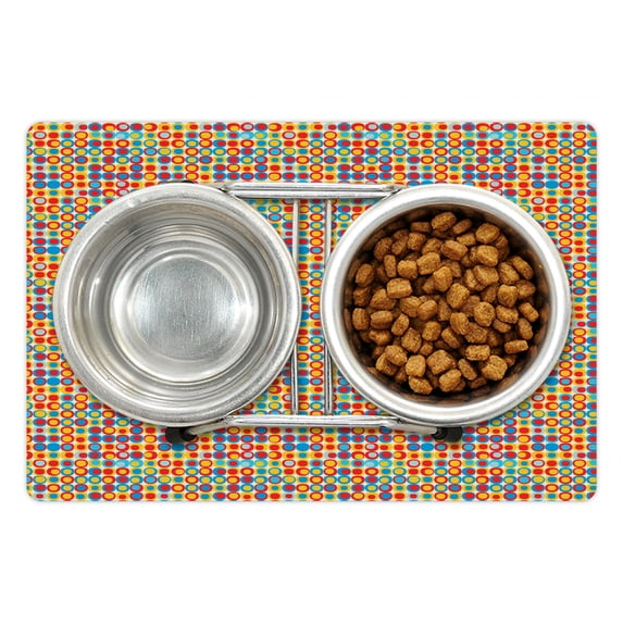 Doodle Pet Mat for Food and Water, Retro Style Circles with Grid Mosaic Pattern Colorful Eighties Pop Art Illustration, Non-Slip Rubber Mat for Dogs and Cats, 18" X 12", by Ambesonne