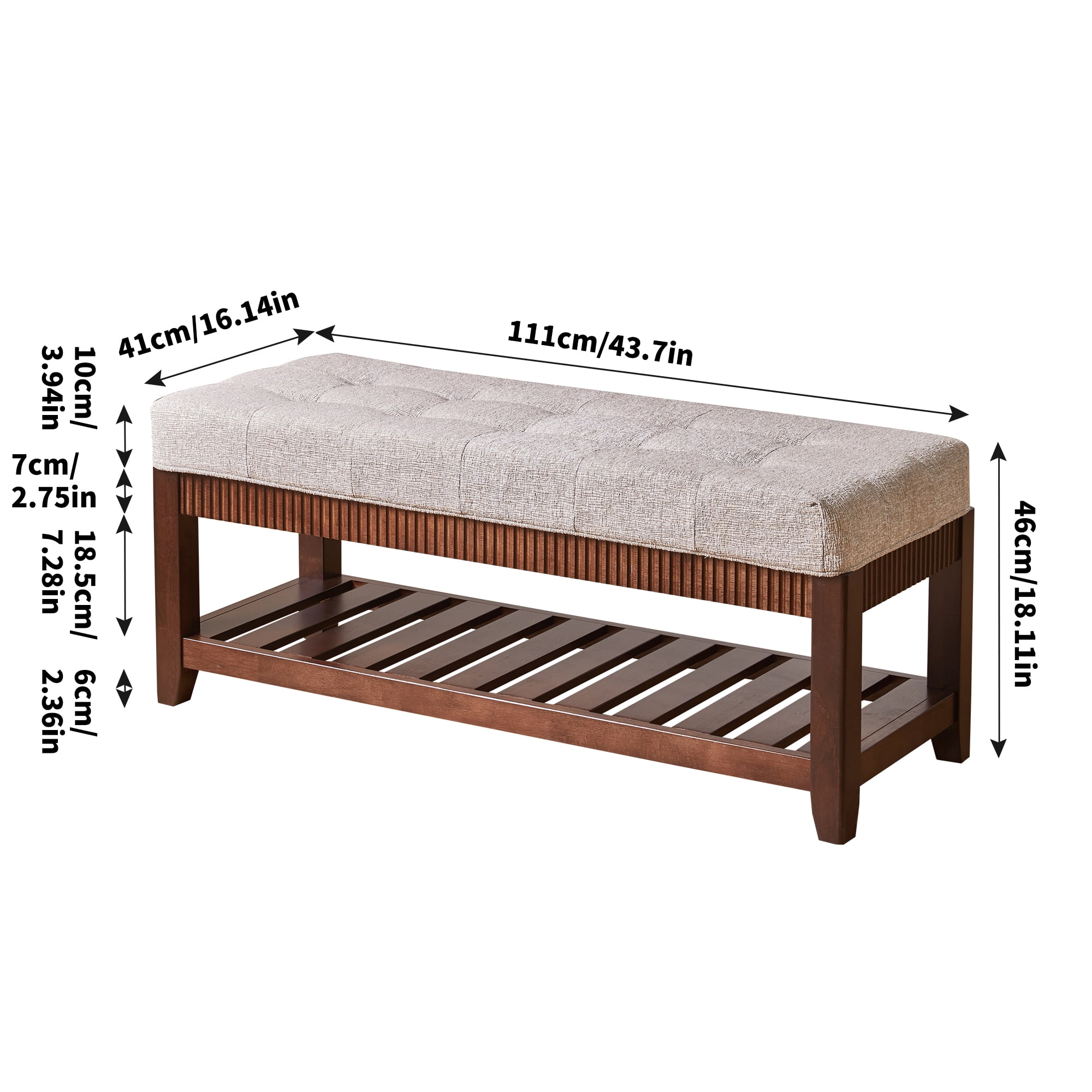 Solid Rubber Wood Entryway Bench with Padded Cushion and Shoe Rack, Ash Brown