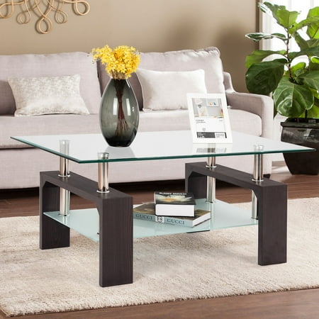 table glass living coffee furniture shelf end tempered rectangular side giantex tables storage costway wood walmart
