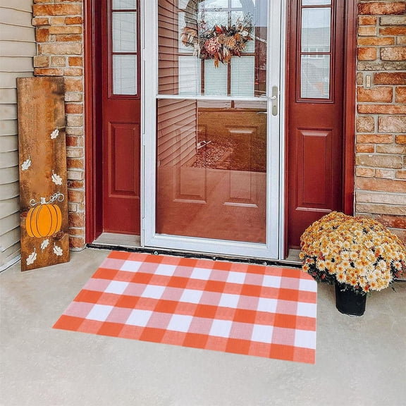Orange Plaid Fall Outdoor Halloween Rug, Hand Woven Check Layered Doormat, Farmhouse Style Floor Mat for Front Door Front Yard Entryway Patio Thanksgiving Halloween Decoration, Orange