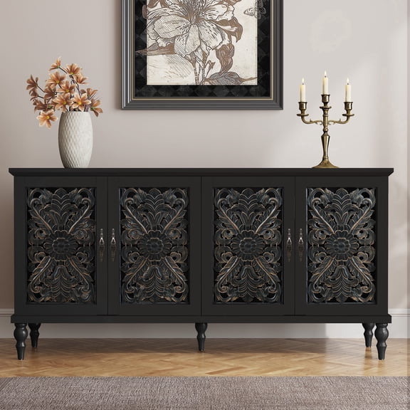CBJCBJ 63" Mid Century Retro Sideboard Buffet Cabinet 4 Door, Accent Cabinet for Dining Room, Black