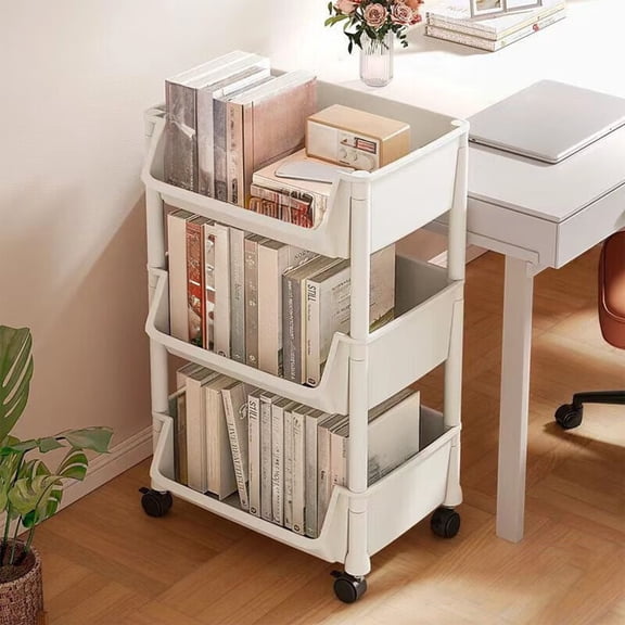 Btomtd Large Capacity 3-Tier Plastic Storage Rack, Movable Organizer with Wheels, Layered Shelf for Living Room Bedroom Kitchen Bathroom 12"W x 8"D x 25"H, White