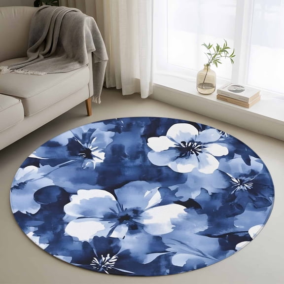 Round Rugs 4Ft, Navy Blue Spring Floral Round Area Rug Washable Indoor Throw Carpet, Watercolor Summer Flower Soft Non Slip Circle Rug for Kitchen Nursery Room Home Decor Aesthetic