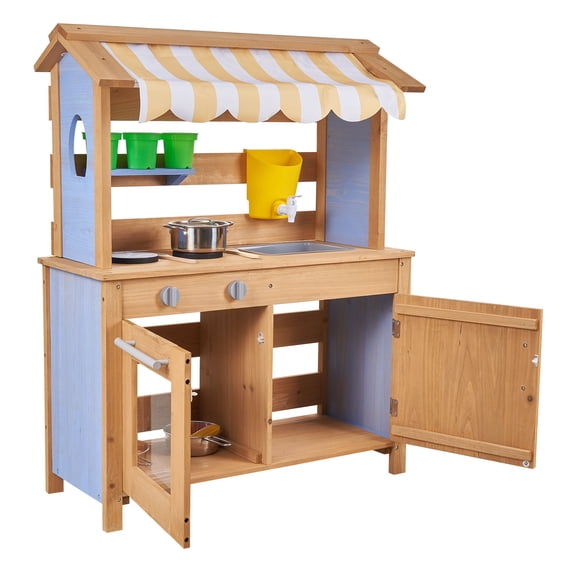 KFFKFF Mud Kitchen, Outdoor Mud Kitchen for Kids, Wood Outdoor Play Kitchens with Spoons, Sink, Tank, Sunshade Canopy, Shovels, Cookware Pots