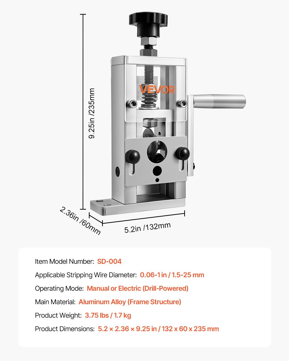 Manual Wire Stripper Stripping Machine Compact Portable Aluminum Alloy with 64Mn Blades, 0.06–1 Inch Cable Capacity, Hand Crank or Drill Powered Scrap Wire Tool for Recycling and Side Hustle
