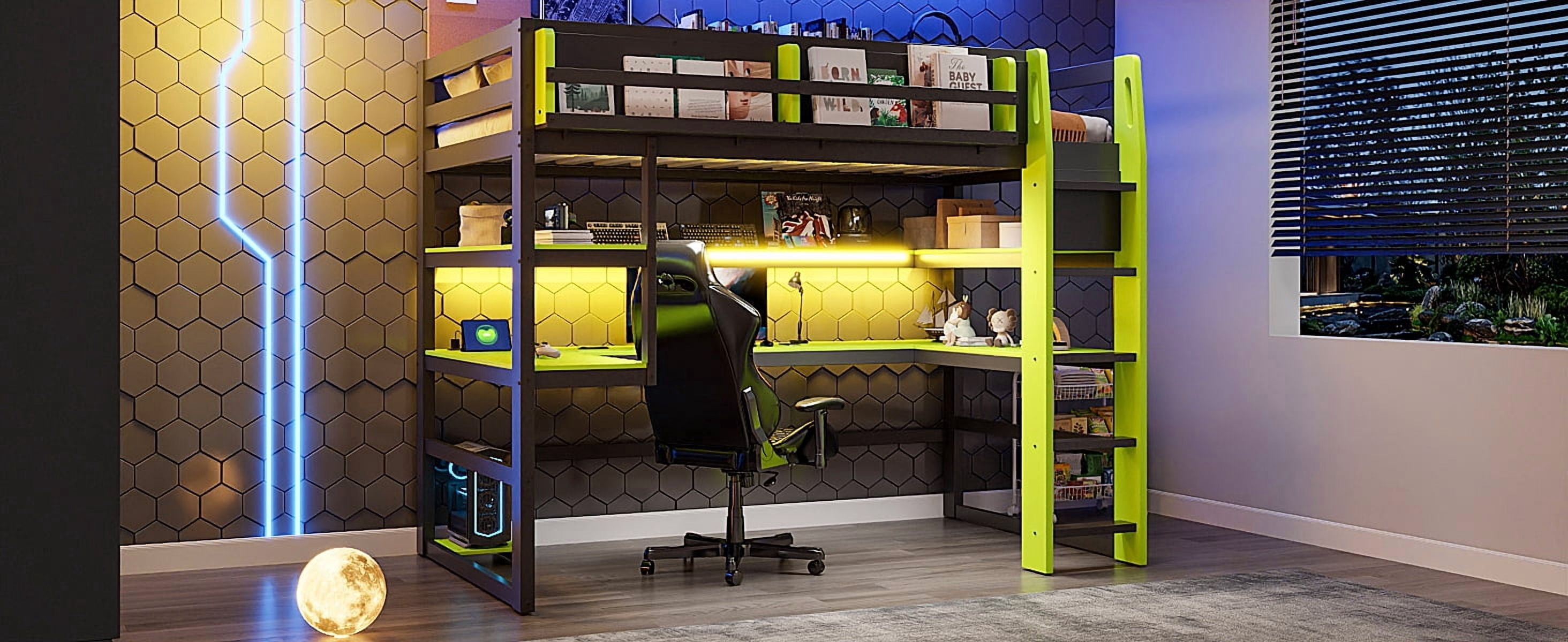 Mintazer Twin Size Gaming Loft Bed with U-Shaped Desk & LED Lights, Modern Bed Frame with Shelves & Charging Station for Dorm Bedroom Apartment, Black & Green