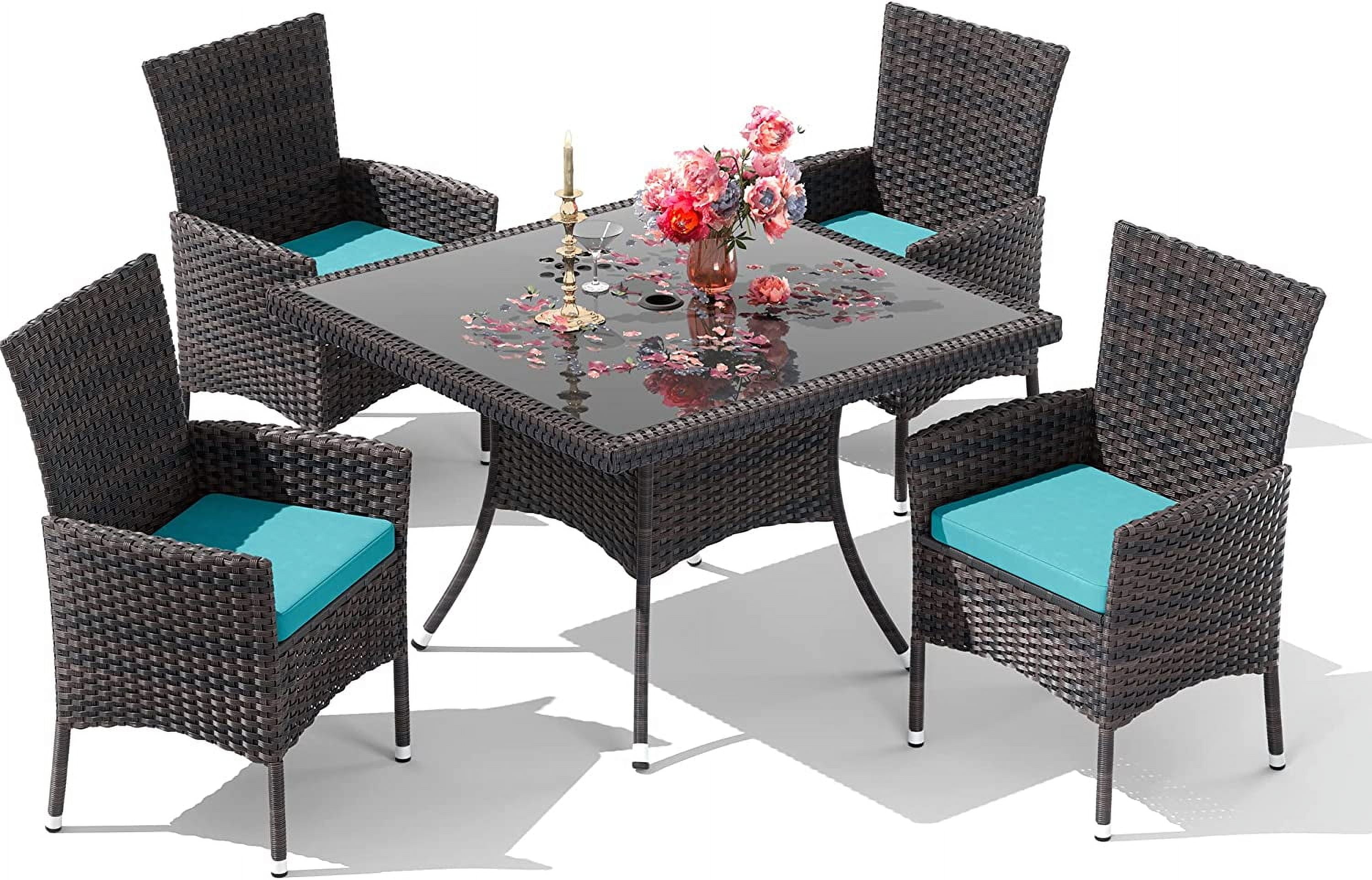 ALAULM 5 Pieces Patio Dining Set Outdoor Rattan Furniture with Square Glass Tabletop 4 Chairs with Cushions for Patio, Backyard Outdoor Kitchen Lawn & Garden Blue