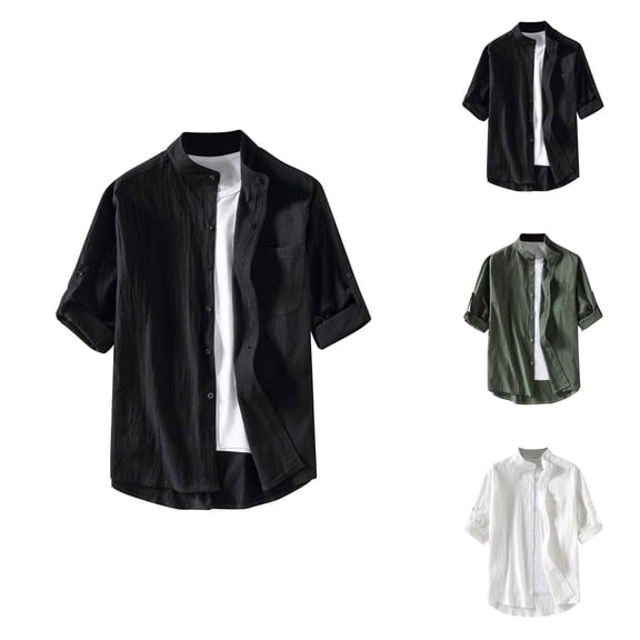Cotton Linen Shirts for Men Spring Summer Casual Short Sleeve Button Down Stand Collar Lightweight Beach Tshirts