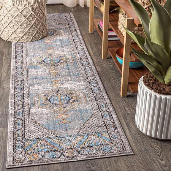 Izmit Geometric Vintage Medallion Gray/Mustard/Turquoise 2 ft. x 8 ft. Runner Rug