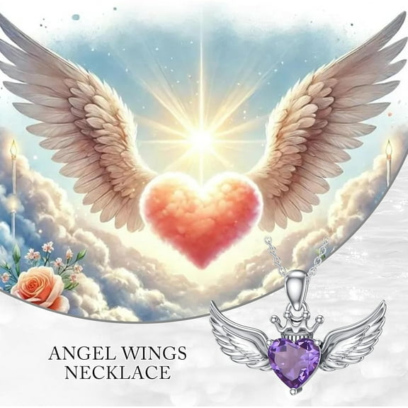 Angel Wings Necklace for Women 925 Sterling Silver Heart Birthstone Angel Wings Pendant Necklace Jewelry Gift for Women