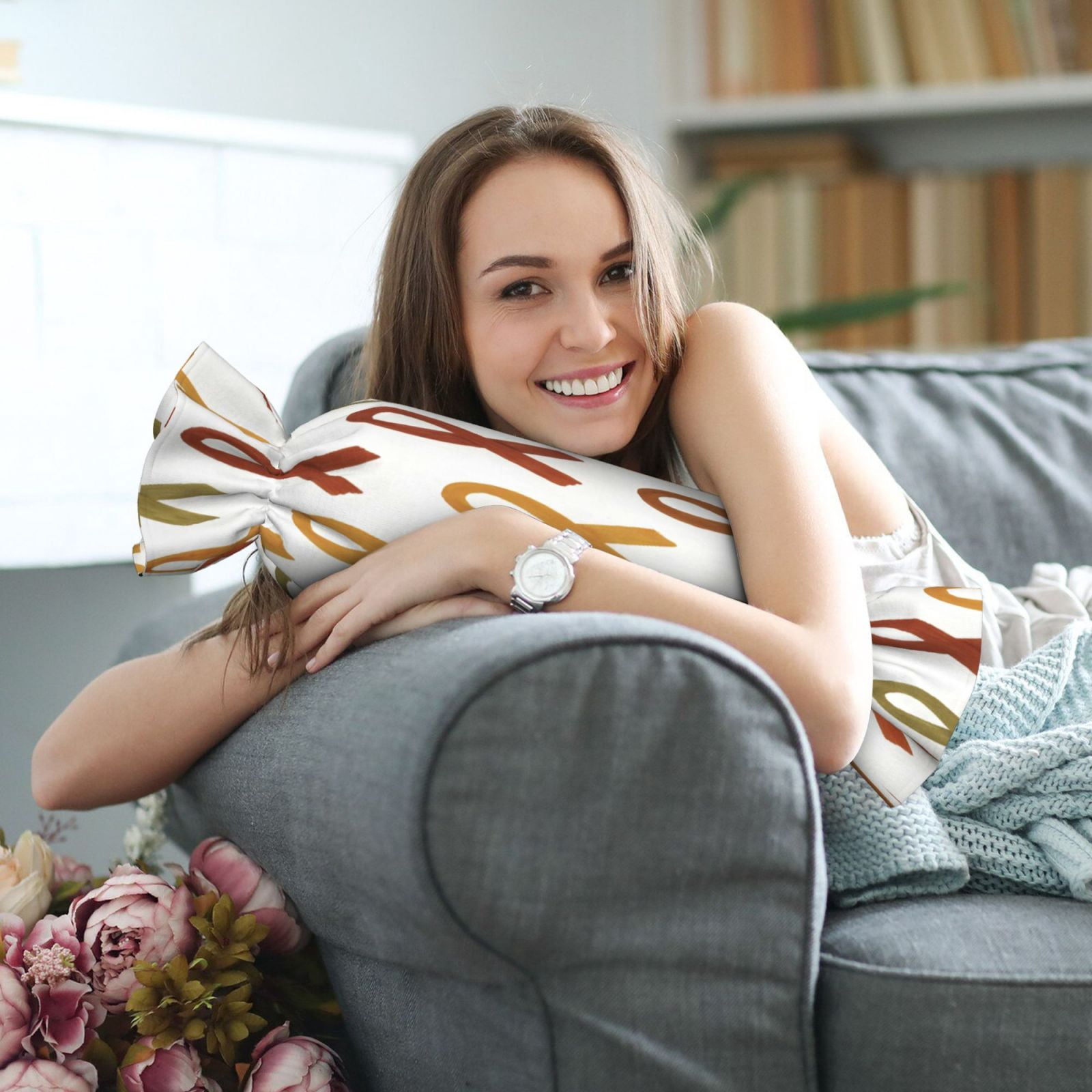 Candy Throw Pillow Travel Cervical Pillow Cylindrical Neck Body Cushion With Insert For Bed Couch Home Decor 9.8x24.4in Cancer Awareness Ribbon Pattern - Earth Tones