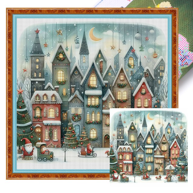 Hilo Algodón Ecológico Bordado Punto Cruz Impreso 14CT Casa Invierno 50x50cm