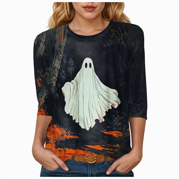 Godom Halloween T Shirts for Womens 3/4 Sleeve Shirt Crewneck Basic Tees Soft Loose Fit Fall Outfits Fashion Tops 2025