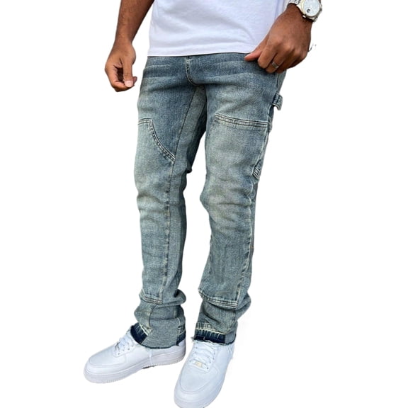Reppunk Men's Vintage Washed Carpenter Flare Cargo Jeans, Multi-Pocket Utility Slim Bootcut Denim Pants, Business Casual Versatile Office Daily Commute Trousers