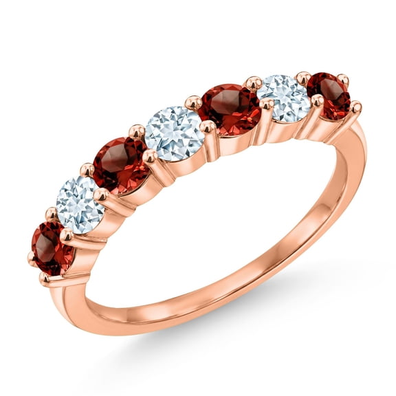 Gem Stone King 18K Rose Gold Plated Silver Round Red Garnet Sky Blue Aquamarine Anniversary Ring for Women (1.31 Cttw, Gemstone Birthstone, Size 6) (Size 6)