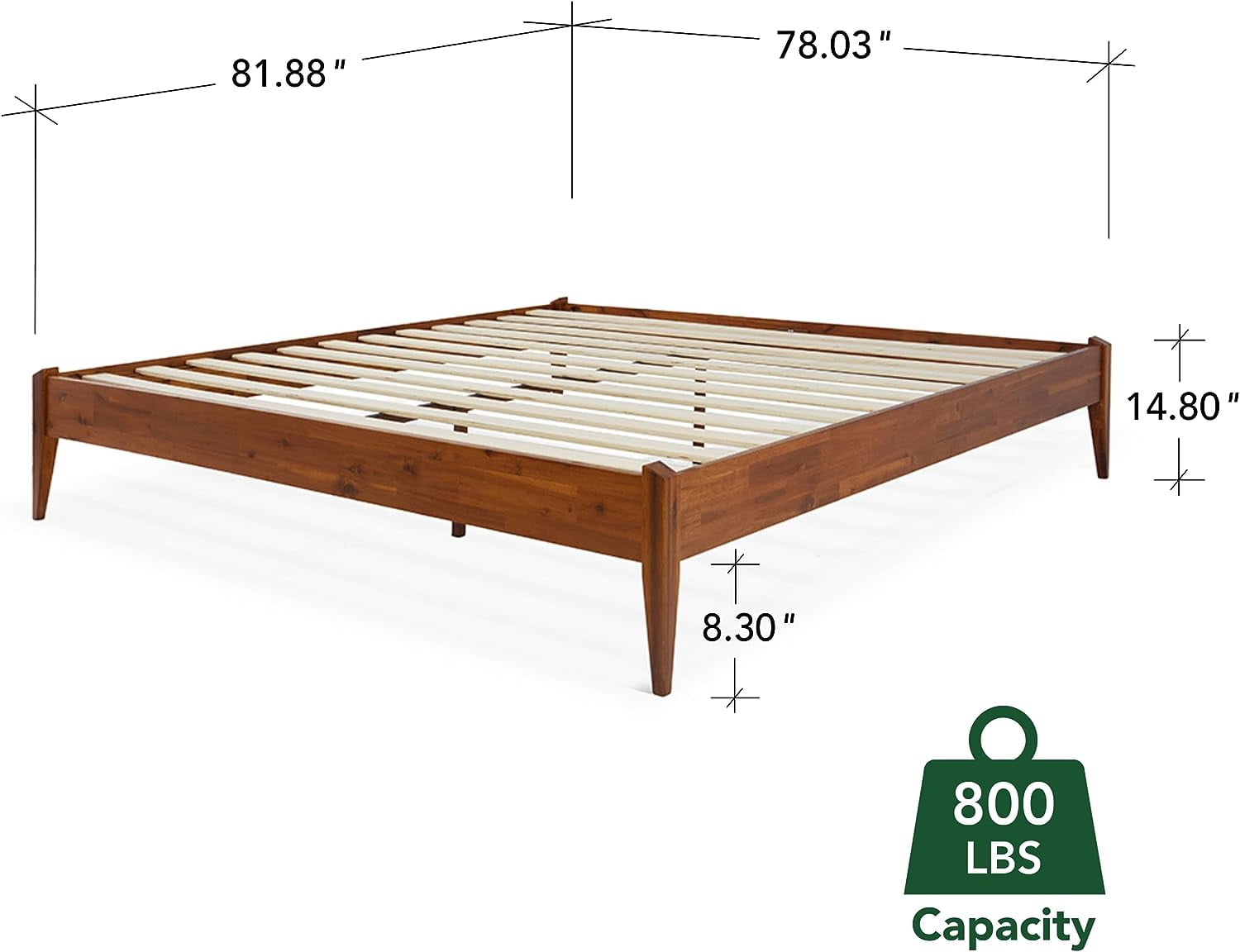 Bme King Size | Dinkee 78x82x15in Signature Bed Frame Without Headboard, Multiple Style, Acacia Wood, Caramel