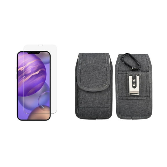 Bemz Holster Bundle for Apple iPhone 12 Mini: Horizontal Rugged Nylon Phone Belt Holster Pouch Case (Card Slots/Pen Holder) with Tempered Glass Screen Protector - Black