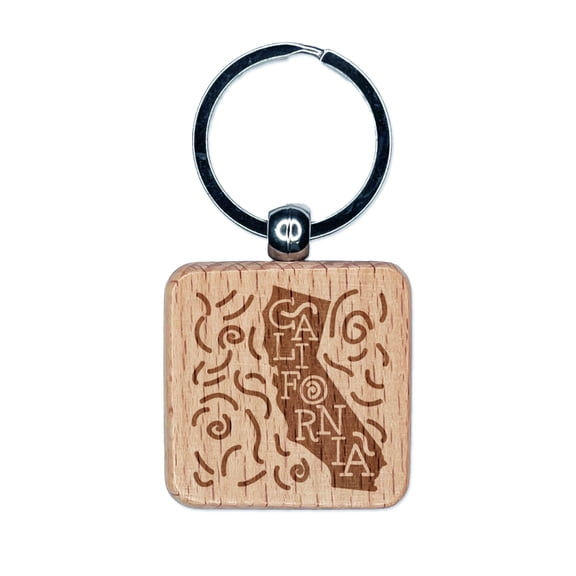 California State with Text Swirls Square Keychain Charm Tag - Engraved Wood