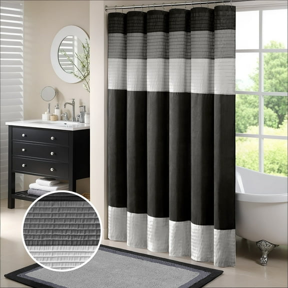 Madison Park Black Faux Silk Shower Curtain, Striped Lightweight Bath Curtain Decor, Grey Curtain for Bathroom, 72"x72"