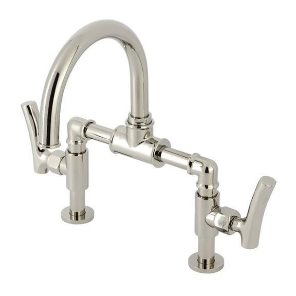 Kingston Brass KS2176TKL Two-Handle 4-Hole Deck Mount Bridge Bathroom Faucet with Push Pop-Up Drain in Polished Nickel