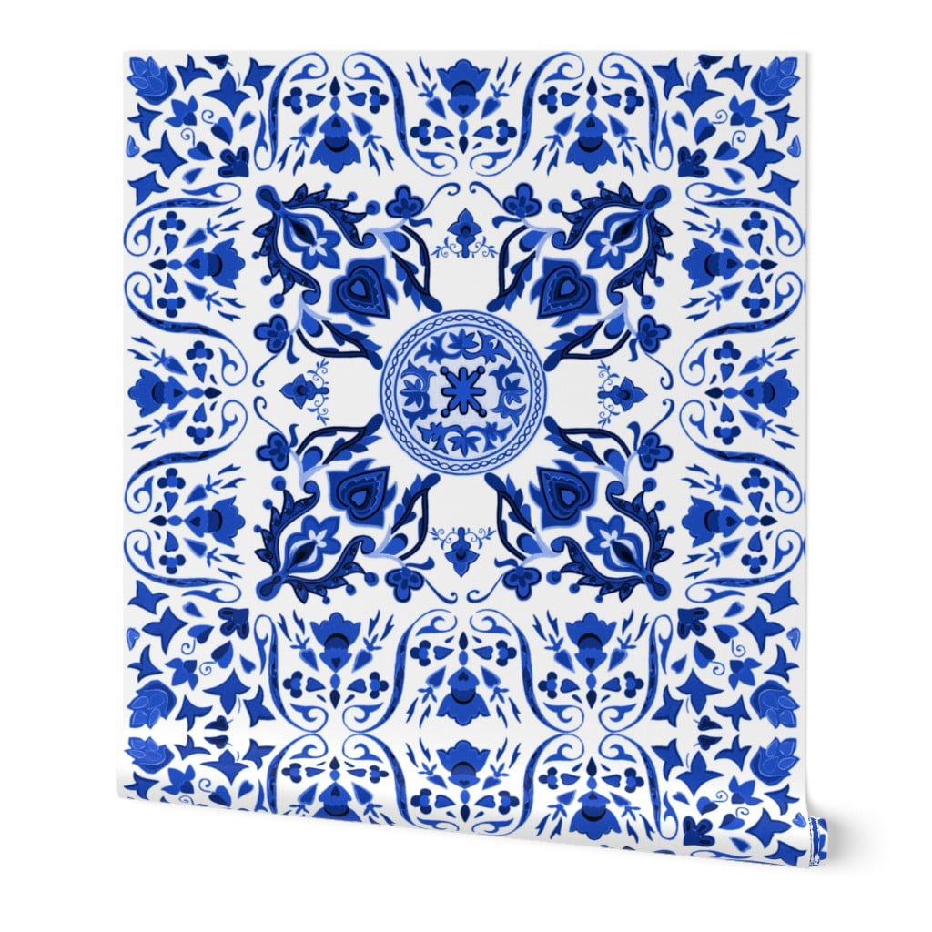 Peel-and-Stick Removable Wallpaper Tile Scandinavian Rosemaling Folk Blue And 