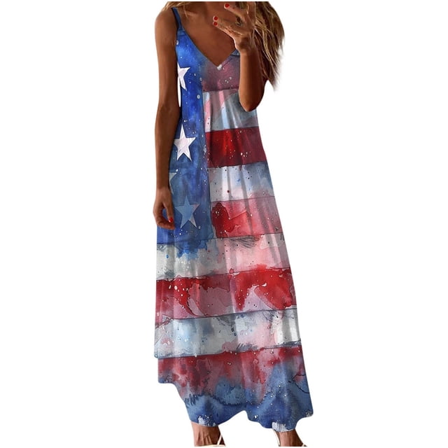 FAVIPT Robe Maxi Drapeau Américain pour Femmes Bretelles Spaghetti Col en V Robes Maxi Imprimé du 4 Juillet Robe Patriotique Été 2025 Rouge, TG