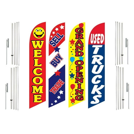 4 Swooper Flags With 4 Pole Kits Welcome Sell Buy Trade Grand Opening Used Trucks