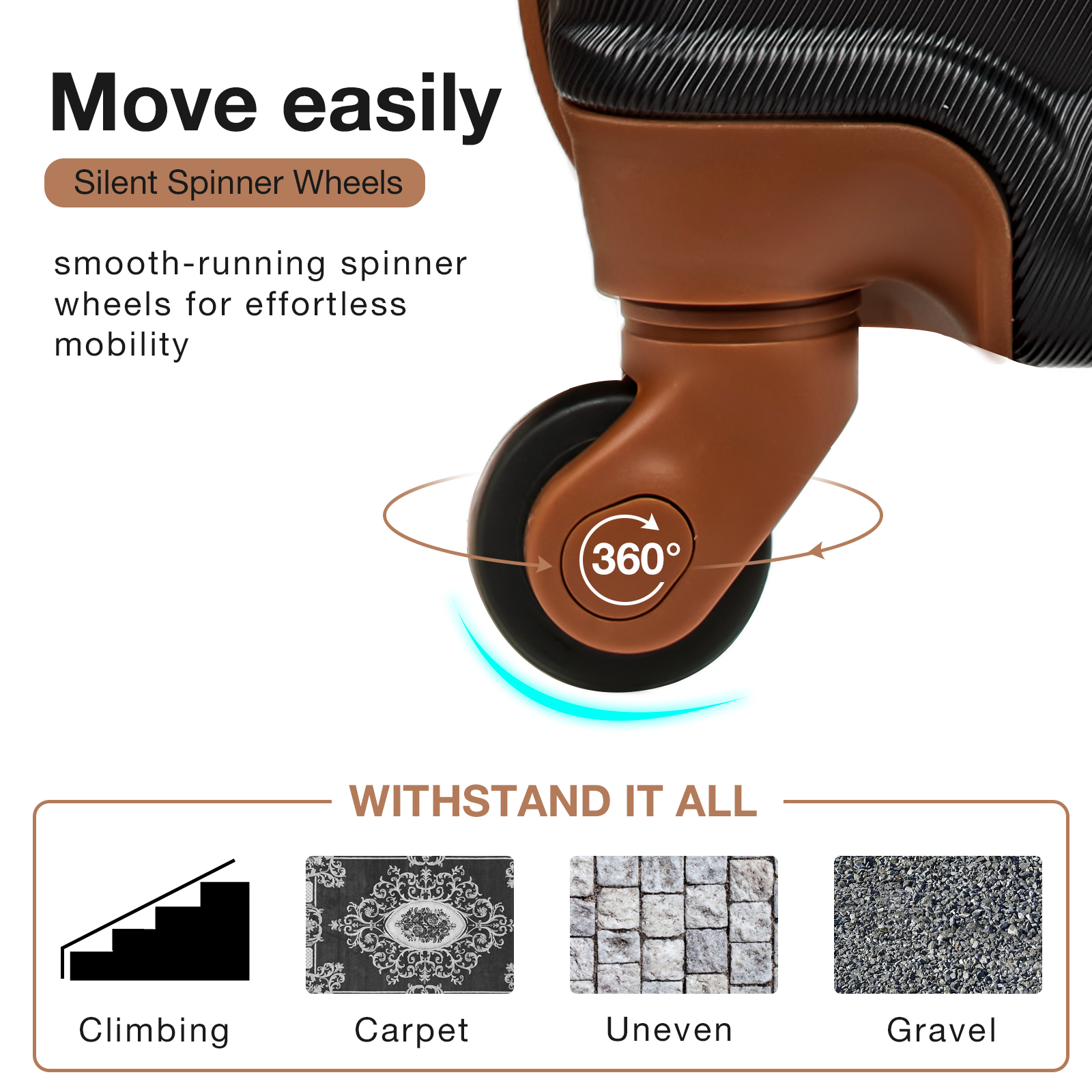 3 Piece Luggage Sets with 6 PC Organize Bags Lightweight Suitcases with Spinner Wheels, Black&Brown