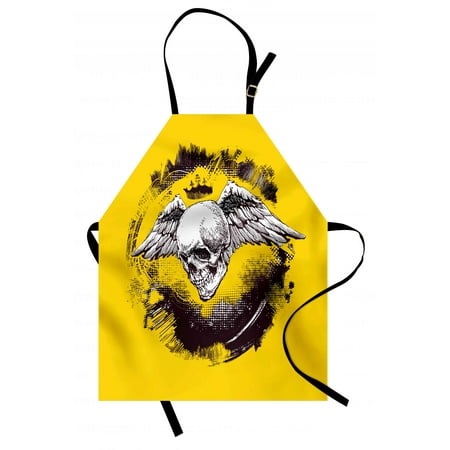 Tattoo Apron The Death Angel Crowned Skull Drawing with Wide Magnificent Feather Wings, Unisex Kitchen Bib Apron with Adjustable Neck for Cooking Baking Gardening, Yellow Back and White, by