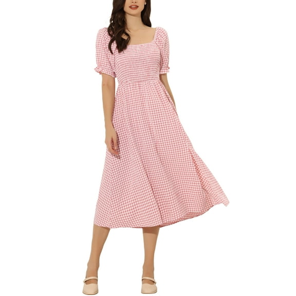MODA NOVA Smocked Dress for Juniors Puff Sleeve Square Neck Gingham Midi Dresses